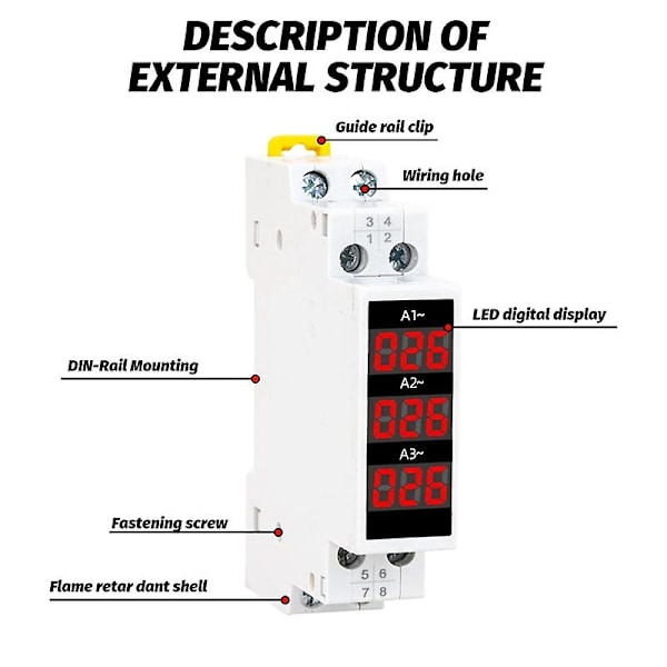 XJ-DIN-skena monterad 3-fas Amperemeter Mini Modulströmmätare Mätare Indikator LED Digital Display Detektor Amperemeter