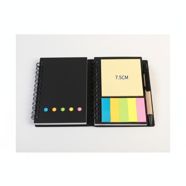 Spiralnotesbog med sticky notes og pen, selvklæbende memoblok med faneblade, bærbar notesbog til studie og arbejde, sort Dark black