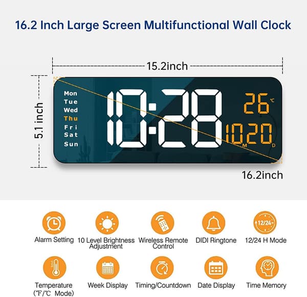 Digitaalinen seinäkello, 16\" suuri digitaalinen LED-seinäkello
