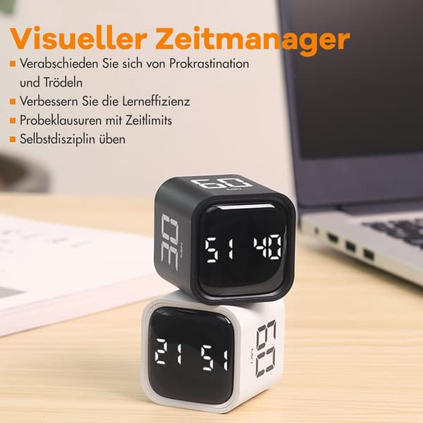 Pomodoro-timer, roterende kube-nedtellingstimer med USB-C oppladbart batteri og magnetisk base for studier, kjøkken, kontor, hvit