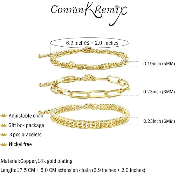 XJ-Guldkædearmbåndssæt til kvinder og piger 14K guldbelagte fine led Papirclips Armbånd Stake Justerbart Lagdelt Metal Led Armbåndssæt