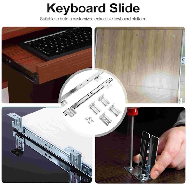 Skrivebordskuffskinne for tastatur, skrivebordsskuff, glideskinne, justerbar stål sidemontering, passer under skrivebord, datamaskin glideskinne