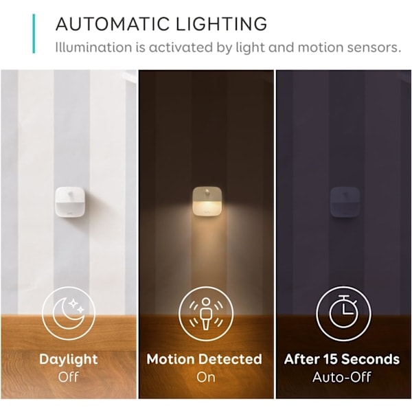 Lumi 3-pak LED-natlampe med bevægelsessensor, varmt hvidt lys, automatisk tænd/sluk, orienteringslys, energieffektiv (3-pak)