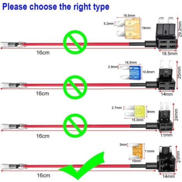 Saml 8 stykker 12V-24V 20A 16AWG lavprofil ekstra kredsløbs automobilsikringsholdere, 6 stykker mikroklingesikringer og 1 stykke sikringstrækker