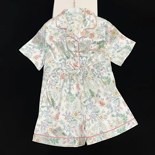 Dame Pyjamassæt Forår Sommer 2 Dele Print Blomstret Pyjamas Faux Silke Satin Nattøj Kortærmet Pijama Mujer Pjs Hjemmetøj