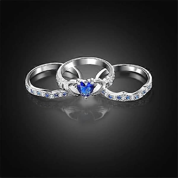 Blå irsk Claddagh-ring til kvinder med hjerte, stabelbare forlovelses- og løfteringe, 3-delt sæt