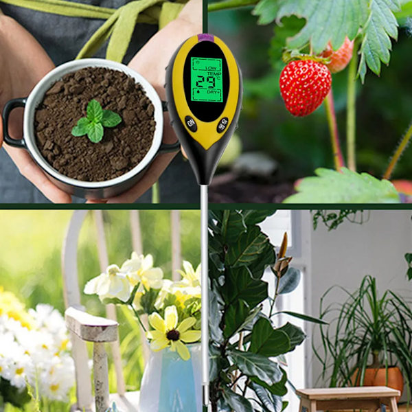 Engros 3/4-i-1 Jord PH Meter Tester LCD Digital Fugtmåler Skærm Jordtemperatur Sollys Intensitet Analyse Fugtighedsmonitor