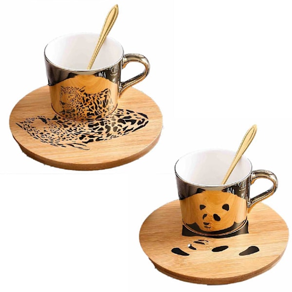 XJ-Gyllene Spegelreflex Kopp Och Träfat Kaffekopp (panda)a