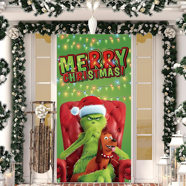 XJ-Juldörröverdrag Merry Grinchmas Font Verandaskylt Vinter Nyår Juldekorationer Och Tillbehör För Hemfest