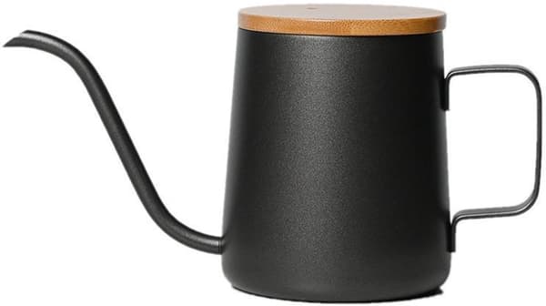Mini vandkande, 304 rustfrit stål, lang svanehals tud med bambuslåg, 350 ml, til indendørs planter, sort