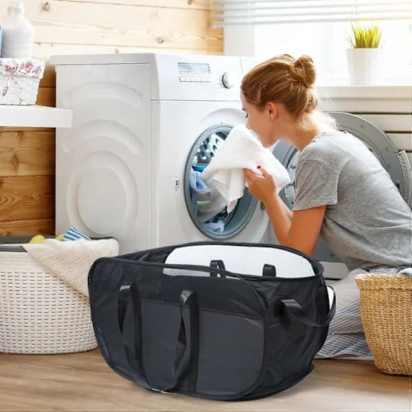Popup Mesh Laundry Basket Large Foldable Mesh Hamper, Lightweight Mesh Basket with Handles Dirty Clothes Basket (Black)