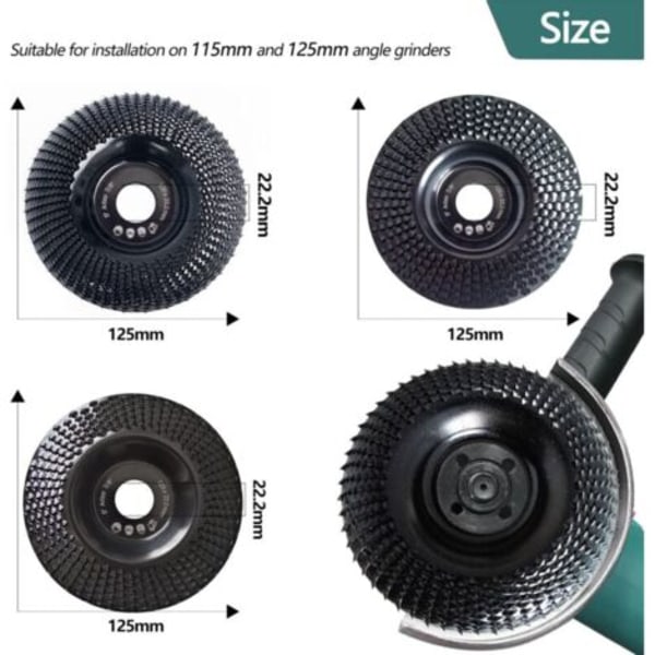 Slibeskiver til træ 125 mm, 3 skiver til formning, slibning og skæring. Slibeskive til vinkelsliber
