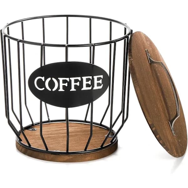 Kaffefilterholder med stor kapacitet og rustik træbase, sort trådkurv til kaffeopbevaring til køkkenbord, kaffebar