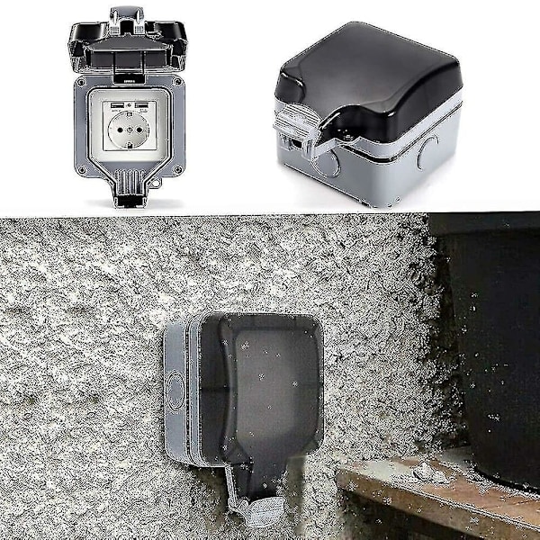 Ulkokäyttöön Tarkoitettu Kaksoispistorasia USB:llä, Vedenpitävä, Kestävä, Pistorasia Seinäkotelolla (Yksinkertainen)