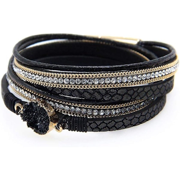 Læderarmbånd til kvinder, Boho Leopard Multilayer Krystalperler Manchetarmbånd Smykker