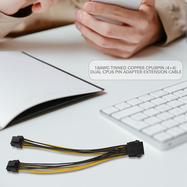 XJ-2 stk Cpu 8-pinners hunn 1 til 2 hann 4+4-pinners Y-splitter strømforsyningskabelledning 18awg 20cm