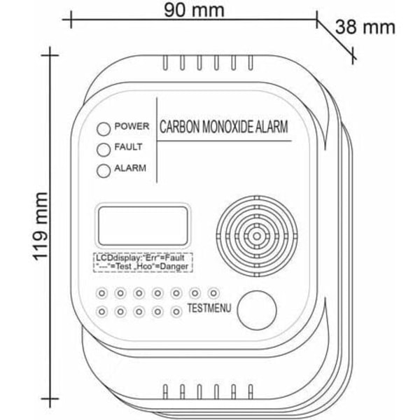 KZQ Karbonmonoksiddetektor, batteridrevet, gassdetektor med display og temperaturindikator