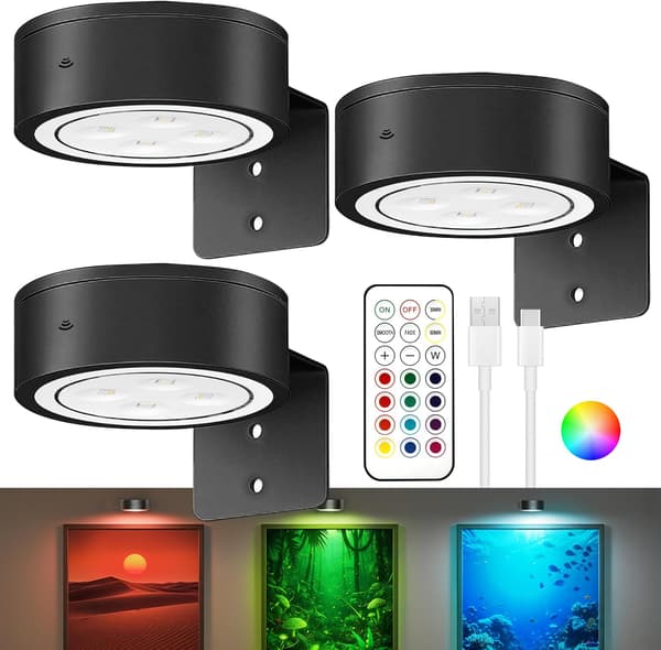 3 stk. batteridrevne bildelys, magnetisk LED-malerilampe med fjernkontroll, dimbar og timer, 3 lysmoduser kunstdisplaylampe for bilderamme