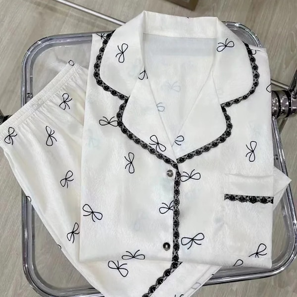 Dame Pyjamas Sett Vår Sommer 2 Deler Sløyfe Print Pyjamas Faux Silke Sateng Nattøy Kort Erme Pijama Mujer Pjs Hjemmeklær