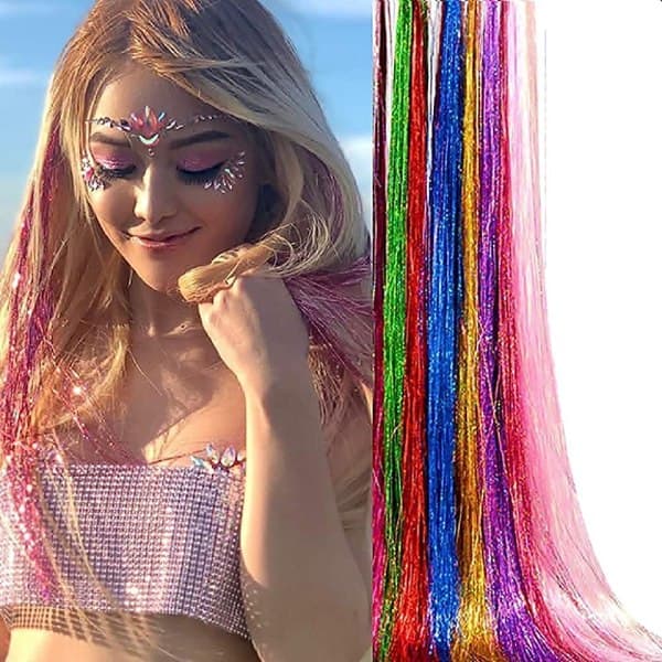 Glitter Tinselhår Extensions med Værktøj 12 Farver
