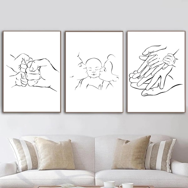 Familieportræt Mor Far Baby Kunst Stregtegning Plakater Abstrakt Minimalistisk Væg Lærredstryk Maleri Par Forelsket Billeder Dec