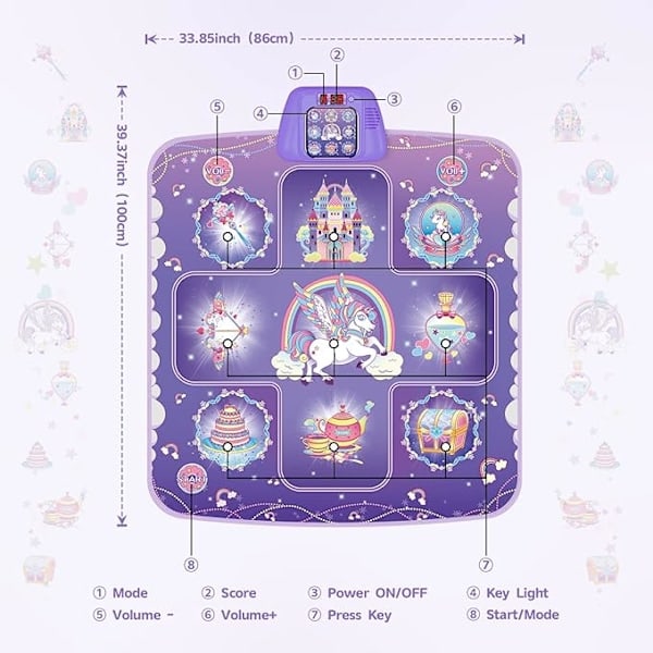Unicorn Dansematte med 5 spillemoduser, LED-lys for jenter 3-12 år