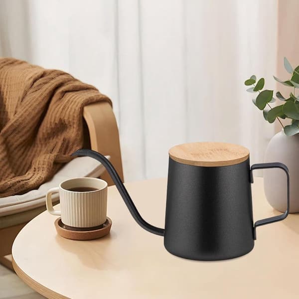 Mini vandkande, 304 rustfrit stål, lang svanehals tud med bambuslåg, 350 ml, til indendørs planter, sort