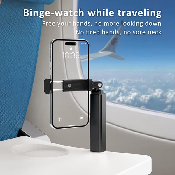 Bærbar telefonholder, foldbar 360° roterende ABS-klipsstativ til fly, tog, skrivebord og rejser, sort