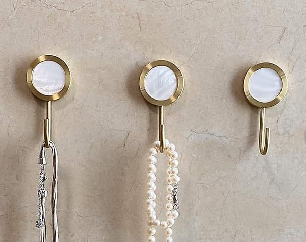 Decorative Solid Brass Wall Hook, Self-Adhesive Wall Hanger Without Drilling, Glossy Gold Fancy Hook (White - 2-pack)