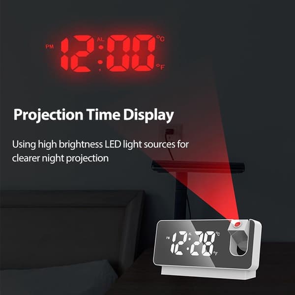 Digital projektionsväckarklocka, 180° roterande LED-spegeldisplay, dubbla larm, USB-driven, sängbord, 2-pack, svart