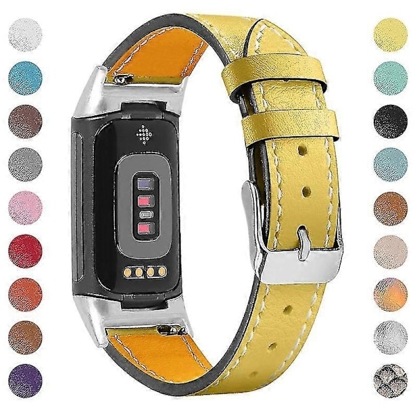 Premium Ægte Læder Justerbart Armbånd til Fitbit Charge 6/5 - Perfekt Gul Yellow Fitbit Charge 6