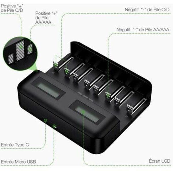 8-paikkainen nopea LED-yleislaturi, akkulaturi AA/AAA/C/D NI-MH NI-CD -akuille USB-portilla