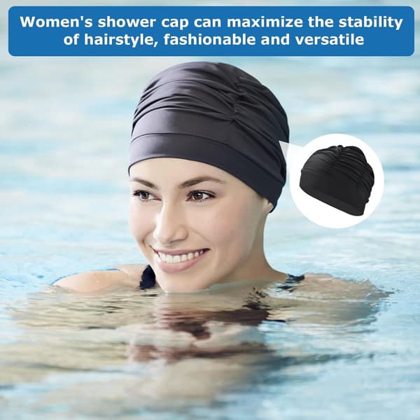 Oversized badehat til kvinder, svømmehætte i nylon til langt hår, plisseret design beskytter fletninger og krøller, One Size, sort