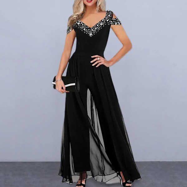 Dame Jumpsuits Ensfarget Lang Jumpsuit Elegant Dame Wide Leg Jumpsuit med V-hals Mesh Patchwork for Fester Arbeid eller Ball