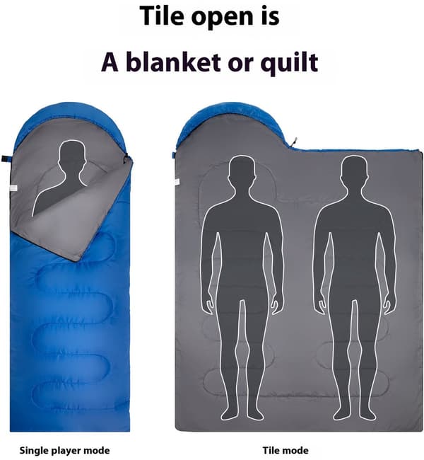 Voksen sovepose, letvægts vandtæt polyester med hulfiberfyld, hætte til camping og vandreture, sort, 210 x 75 cm