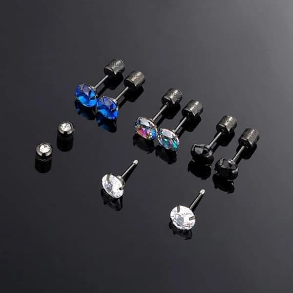 4 par titanium skrue tilbage kirurgiske rustfri stål øreringe til kvinder mænd, Rainbow 5A Cubic Zirconia ørestikker dobbeltsidede øreringe 6 mm