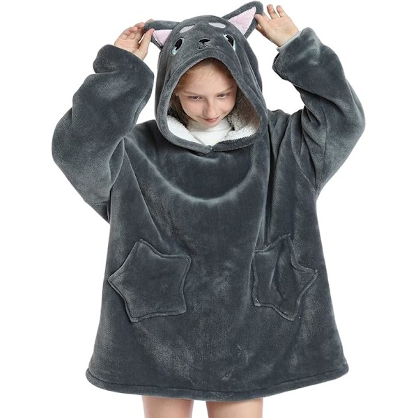 XJ-Oversized Hoodiefilt for barn Myk varm kosete bærbar filt Genser Fleece Sherpafilt med lommer