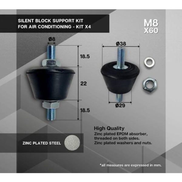 Mute Block M8 for klimaanlegg Antivibrasjonsføtter Med mutter og skive Sett med 8 Mute Blocks M8 Veggmontering For reversible veggbraketter for luft