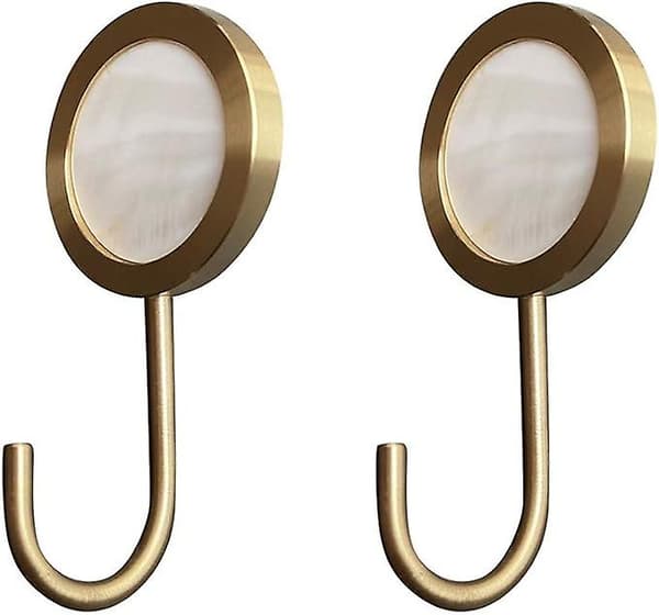 Decorative Solid Brass Wall Hook, Self-Adhesive Wall Hanger Without Drilling, Glossy Gold Fancy Hook (White - 2-pack)