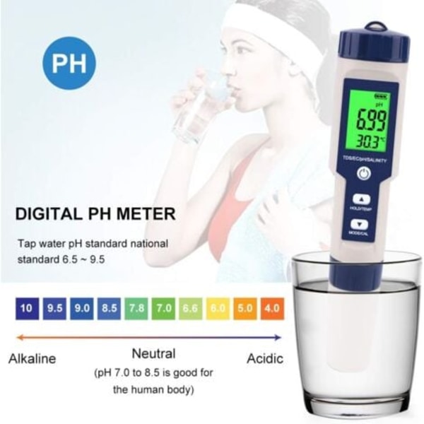 5 i 1 Digitalt PH-meter, 5 i 1 pH-meter Tester, pH-meter med LCD-skærm, højpræcisionsopløsning 0,01, Vandkvalitetstester til Po-vand