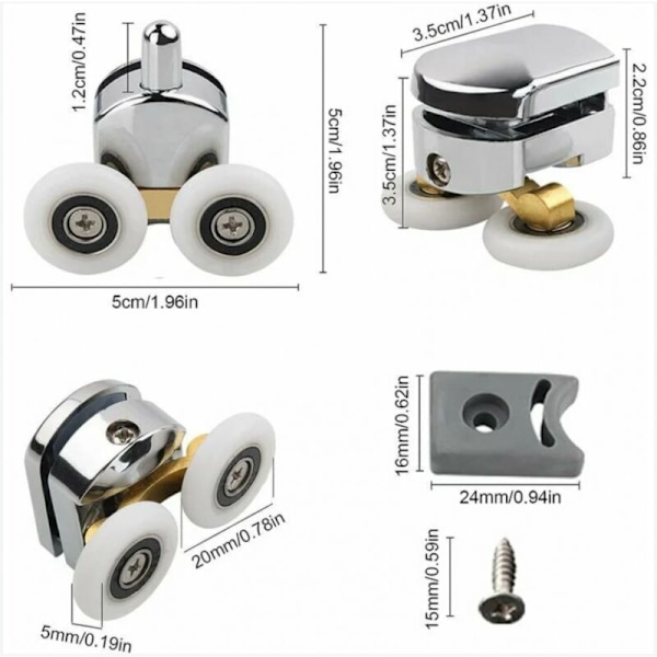 XJ-Sett med 4 Doble Hjul - For Skyvedusjdører, 2 Hjul, 23mm Diameter Sink-Legering Bad, med Støtdempere og Fester