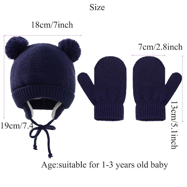 XJ-2 st/set Barn Elastisk Mössa Tjock Varm Baby Mössor Pompom Stickad Mössa Öronlappar Vantar Vinter