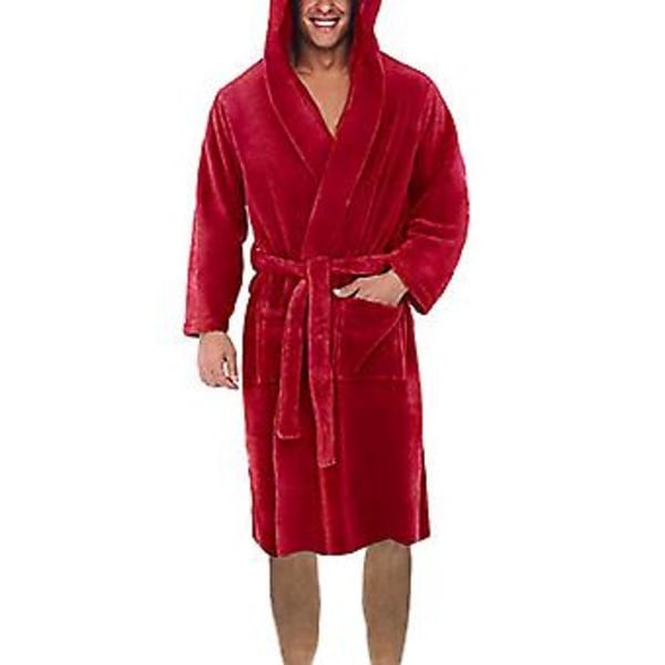 Pitkähihainen Taskullinen Vyöllinen Yksivärinen Miesten Aamutakki Talvi Lämmin Hupullinen Pitkä Fleece Kotimekko Yöasut (M Punainen)