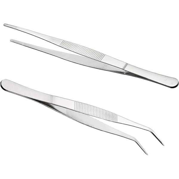 Long Straight Tweezers, Curved Tweezers, Blunt Tip Stainless Steel Tweezers (2 Pcs)