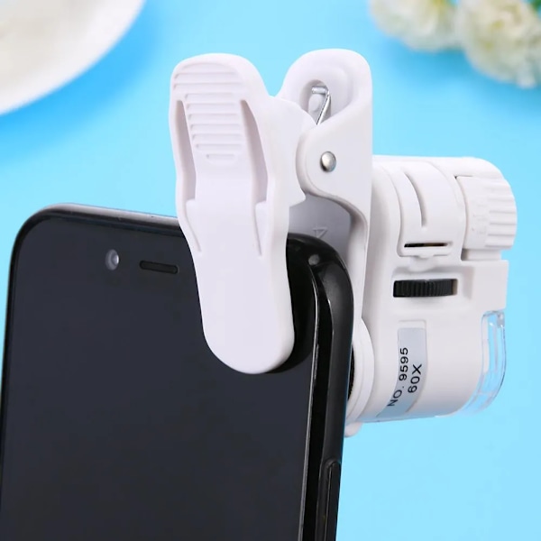 Universellt 60X Mobiltelefon Mikroskop Förstoringsglas Makroobjektiv Zoom Mikro Kamera Clip med LED-Ljus Optiskt Instrument