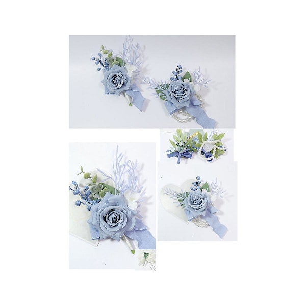 XJ-4 stk. Støvet Blå Corsage og Boutonniere Sæt, Kunstige Blomster Armbånd til Prom