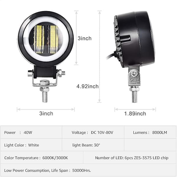 20W Round LED Work Light for Car, Off-Road Lamp, Work Fog Light
