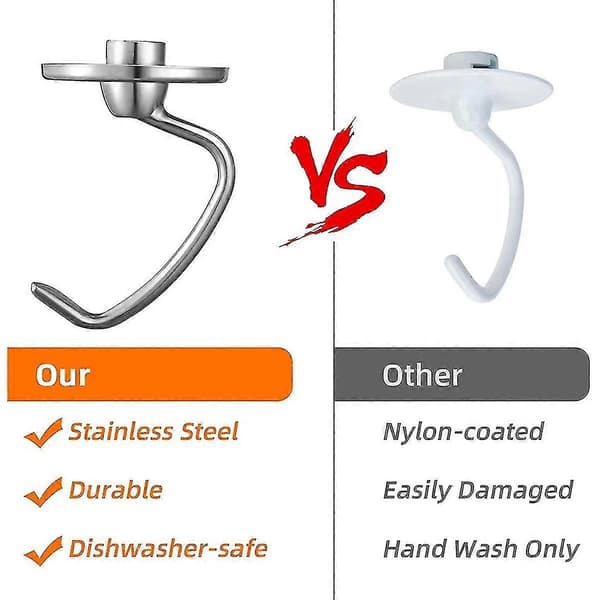 Stainless Steel Dough Hook Attachment for KitchenAid 4.5-5 Quart Tilt-Head Stand Mixers, Replacement Bread Hooks