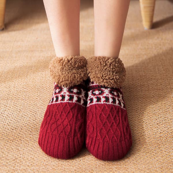 Vinterluddiga toffelsockor, akrylstickade med korallfleecefoder, förtjockade inomhuskläder för vuxna, vinröd, M 35-39