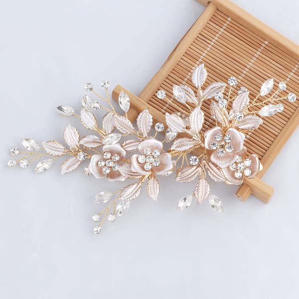 Brud bryllup hår vin hår stykke blomst hodeplagg krystall hodeplagg glitrende perle rhinestone hår tilbehør for kvinner og jenter (rose gull)
